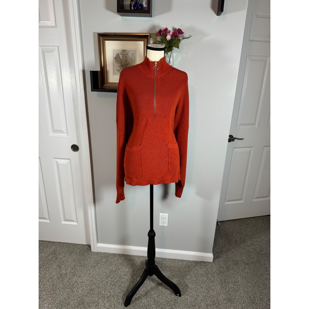 Free Assembly Womens XXL Rust Red Ribbed Quarter Zip Sweater Front Pockets